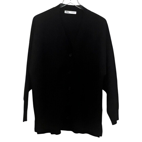 Zara Women’s Cardigan Sweater Size M Oversized Fit Black Button Down V-neck - Picture 1 of 10